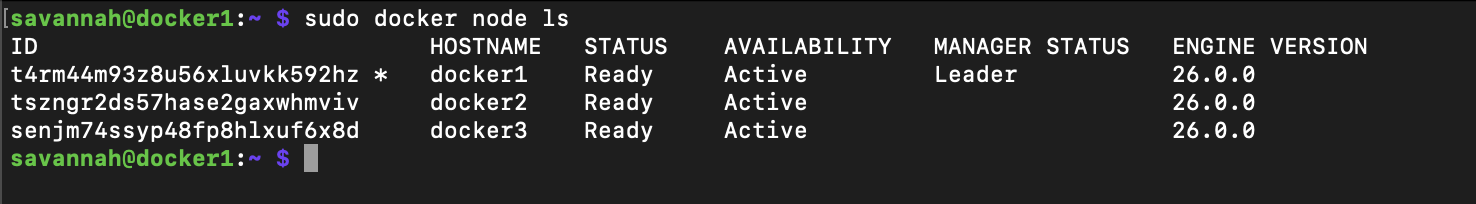 Output of docker node ls, with three nodes all in ready state