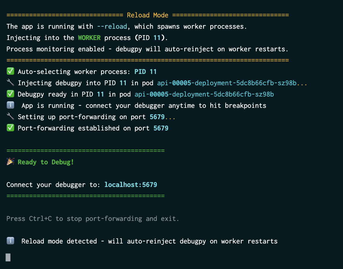 Output from debugwand showing it selecting a worker process, injecting debugpy, setting up port forwarding, and handling reload mode
